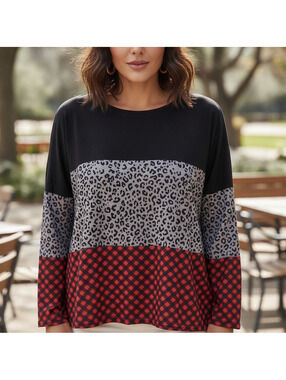 Boutique Long Sleeve Top, Size L, Black, Grey Leopard, Red Flannel, NWOT